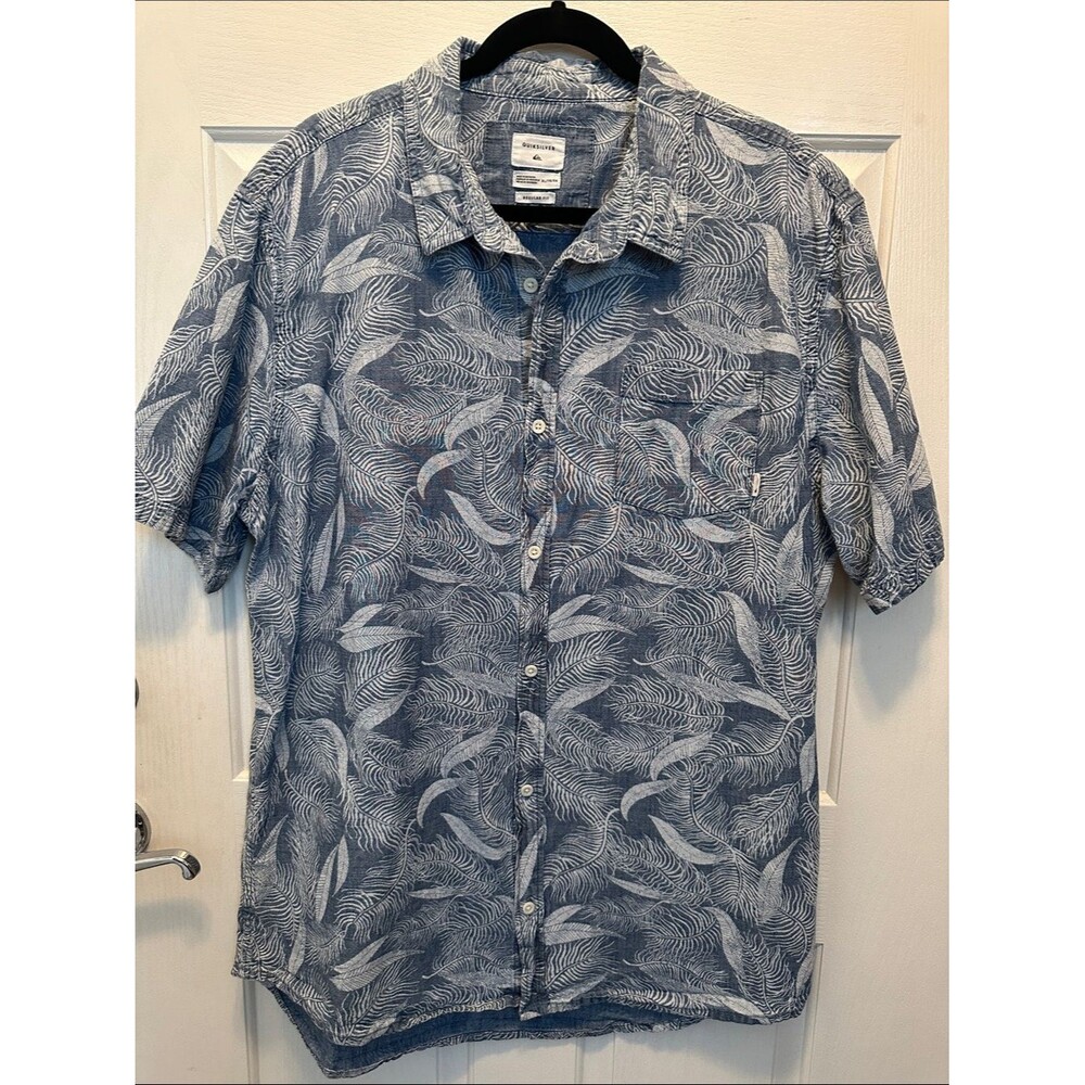 Quiksilver 100% Cotton Reg Fit Leaf-Print Short Sleeve Button Shirt Size XL